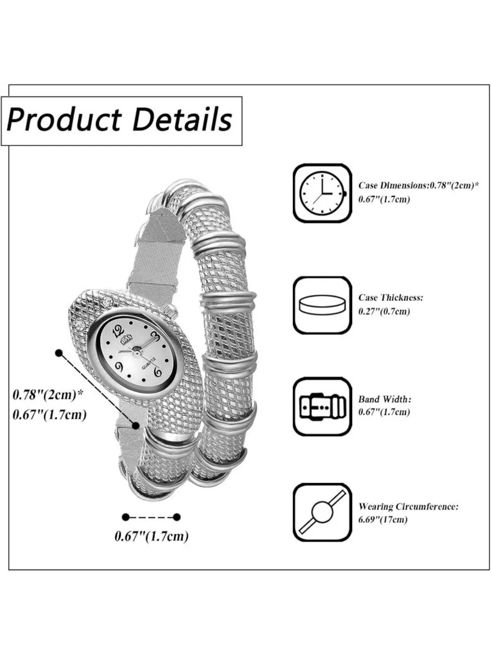 Womens Silver Armband Quartz Hip Hop Wrap Cuff Bracelet Snake Bangle Wrist Watch